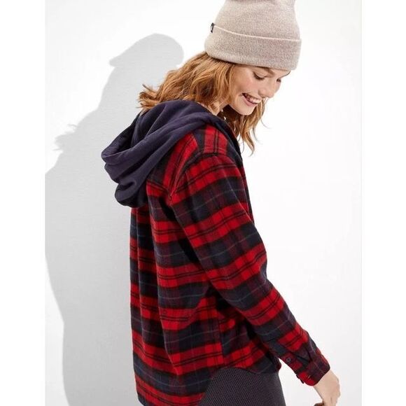 American Eagle Cozy Cabin Oversized Hooded Flannel Shirt Large - Picture 1 of 7
